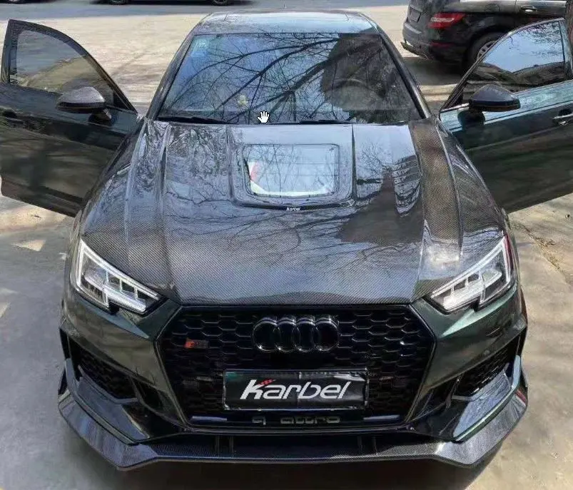 Karbel Carbon Dry Carbon Fiber Double-Sided Tempered Glass Hood Bonnet Ver.2 For Audi Rs4 & S4 & A4 S Line & A4 & Avent & All Road 2017-2021 B9 B9.5 1