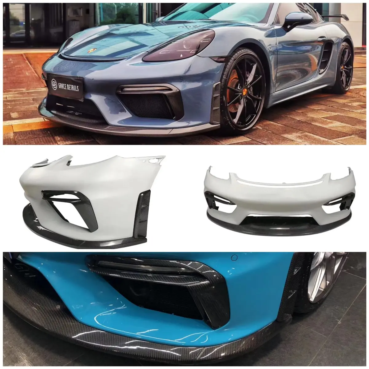 Porsche 718 Boxster / Cayman Gt4 Style Front Bumper W/ Carbon Fiber Front Lip Spoiler And Trims 1