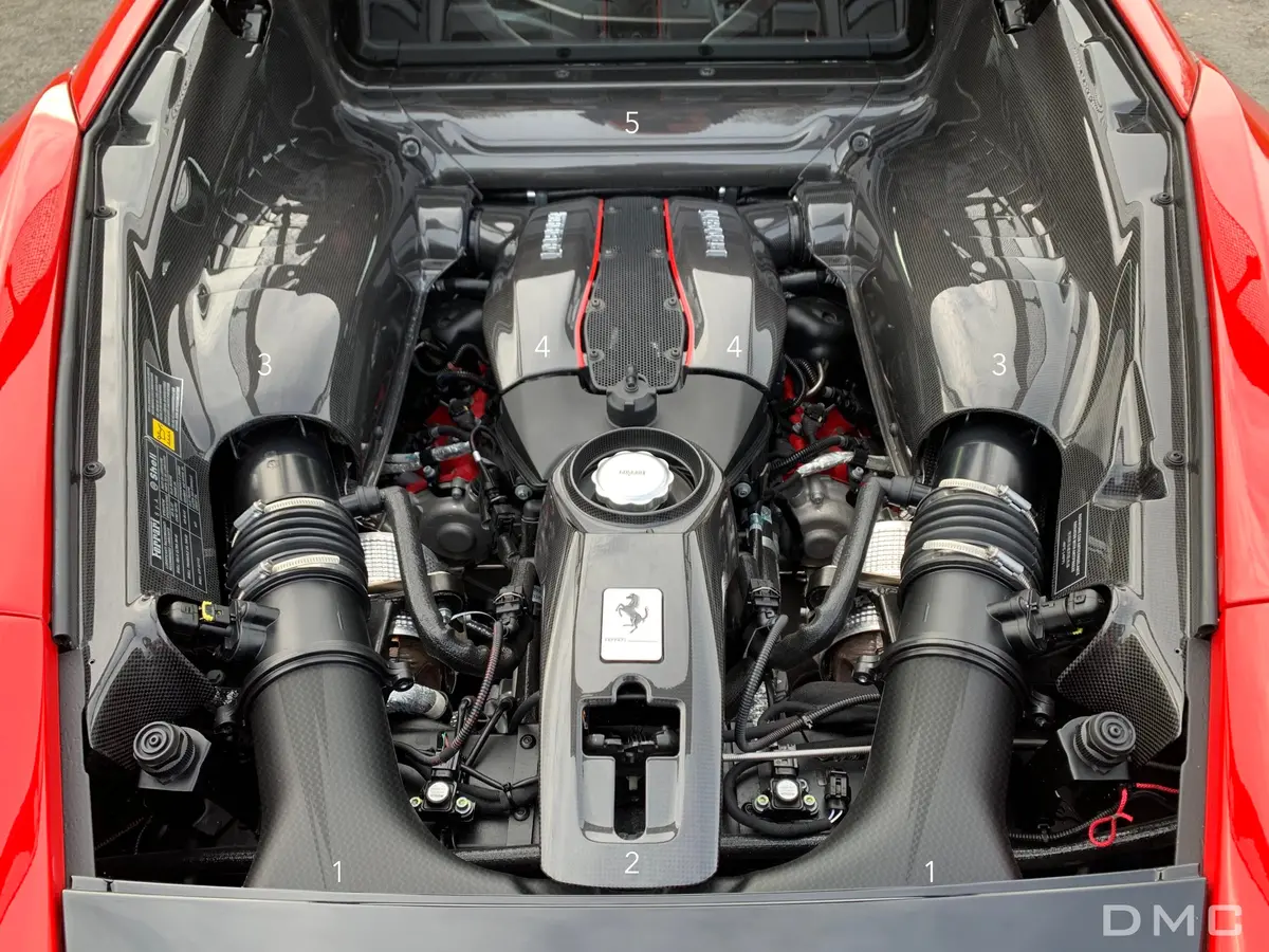 Dmc Ferrari 488 Gtb Engine Bay Kit: Carbon Fiber Air Box, Fire Wall, Engine Cover, Side Trims And Center Panel For The Oem Coupe & Spider 1