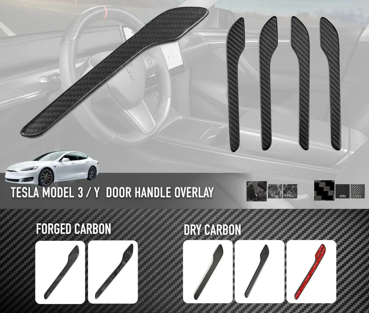 Carbonati Usa Tesla Model Y / Model 3 Door Handle Carbon Fiber Overlay Trim 3