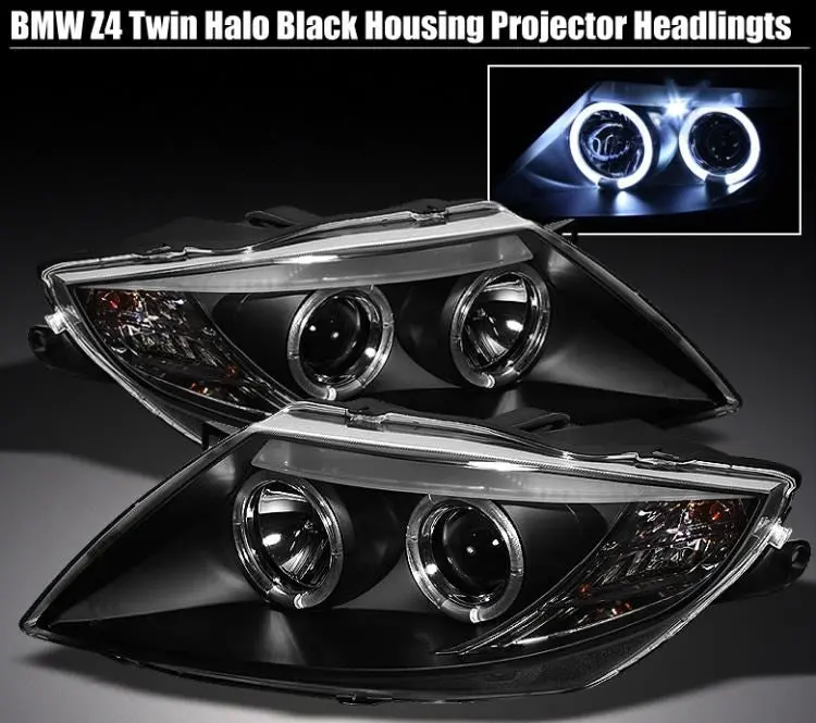 Bmw Z4 E85 03-08 Black Housing Led Angel Eye Projector Headlight 1