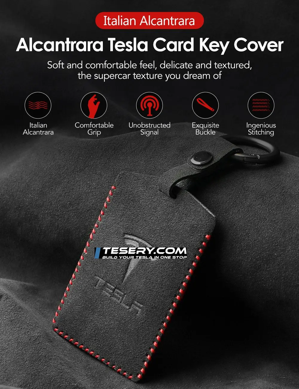 Alcantara Key Card Holder For Model 3/Y | Italian Material | Hook & Keychain | White Stitching 2