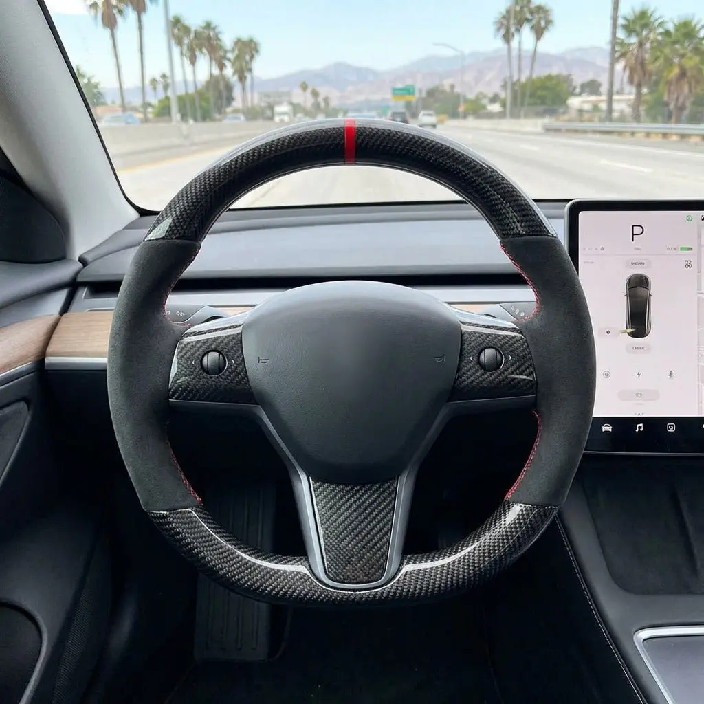 Carbon Fiber Alcantara Round Steering Wheel For Model 3 / Y【Style 15】 1