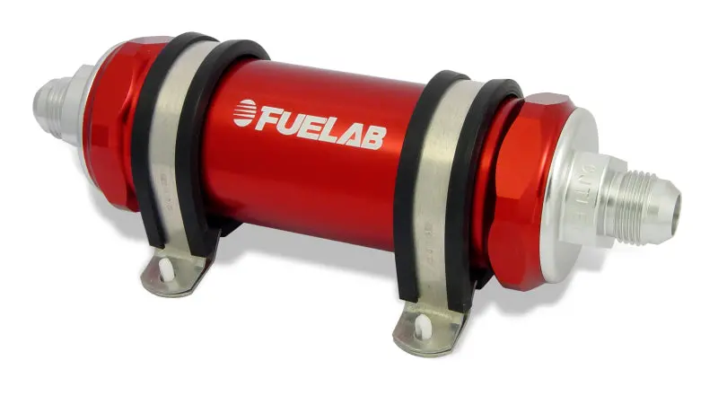 Fuelab 828 Inline Fuel Filter – -12An Inlet / -8An Outlet, 40-Micron Stainless Steel, Red Housing 1