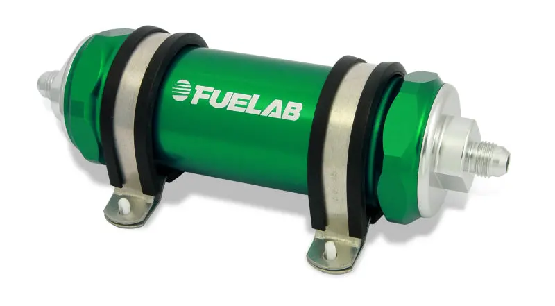 Fuelab Inline Fuel Filter — Long Body, -6An Inlet / -8An Outlet, 40-Micron Stainless Steel With Integrated Check Valve (Green) 1