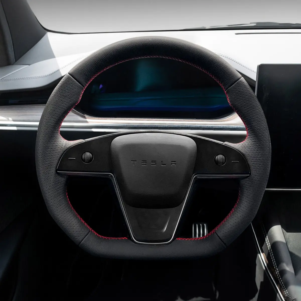 Tesery Touch Horn Plaid Round Steering Wheel Replacement For Tesla Model S / X 2021-2023 1