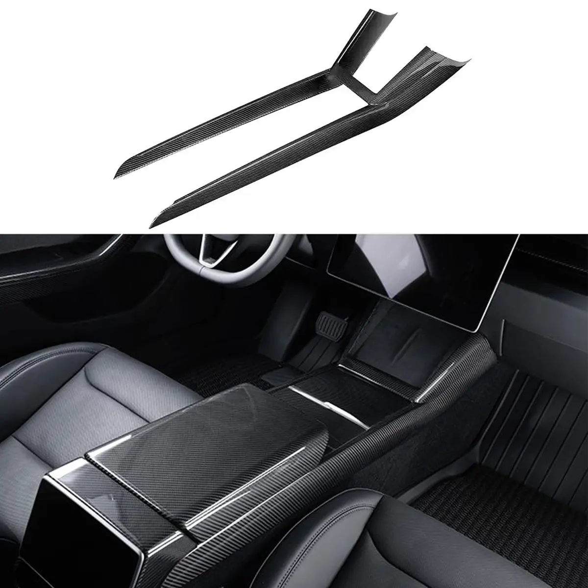 Real Dry Carbon Fiber Center Console Combo Side Panel & Charging Pad Overlay For Model 3 Highland & New Model Y 2