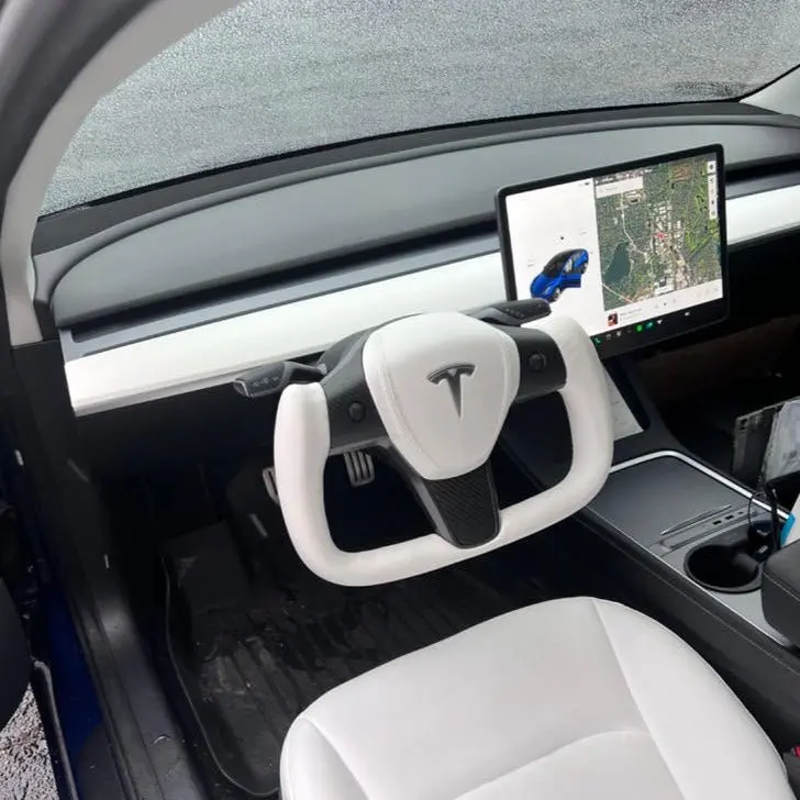 White Leather Yoke Steering Wheel For Tesla Model 3 / Y【Style 7】 1