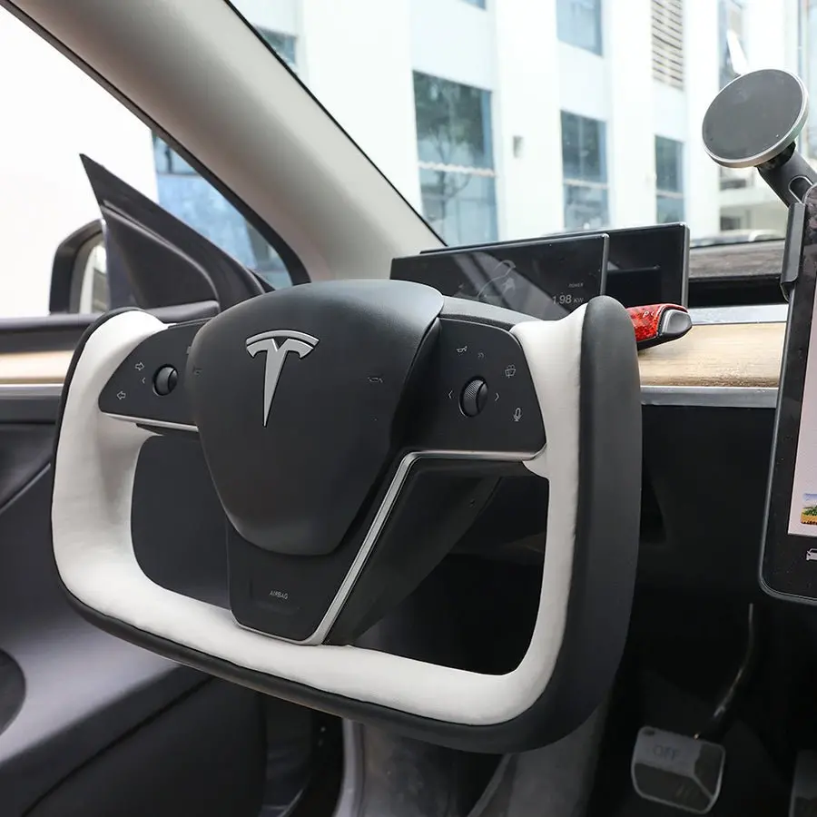 Yoke Style Steering Wheel For Model 3 / Y【Black & White Leather】 1