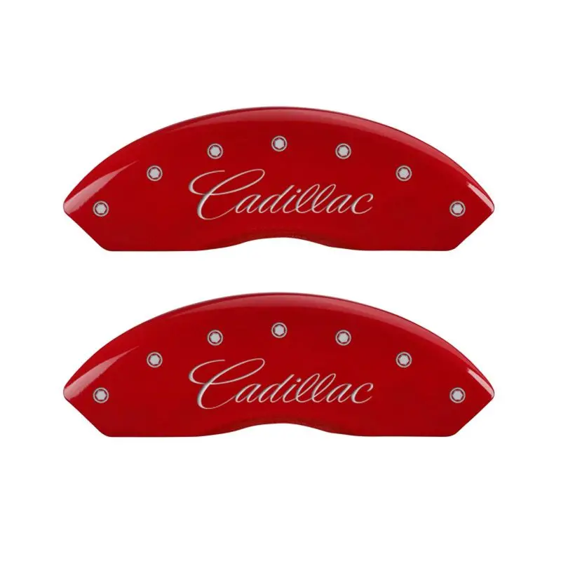 Mgp Engraved 4-Piston Brake Caliper Covers – Front And Rear, Cadillac Red Cursive Finish With Silver Chrome Accents 1