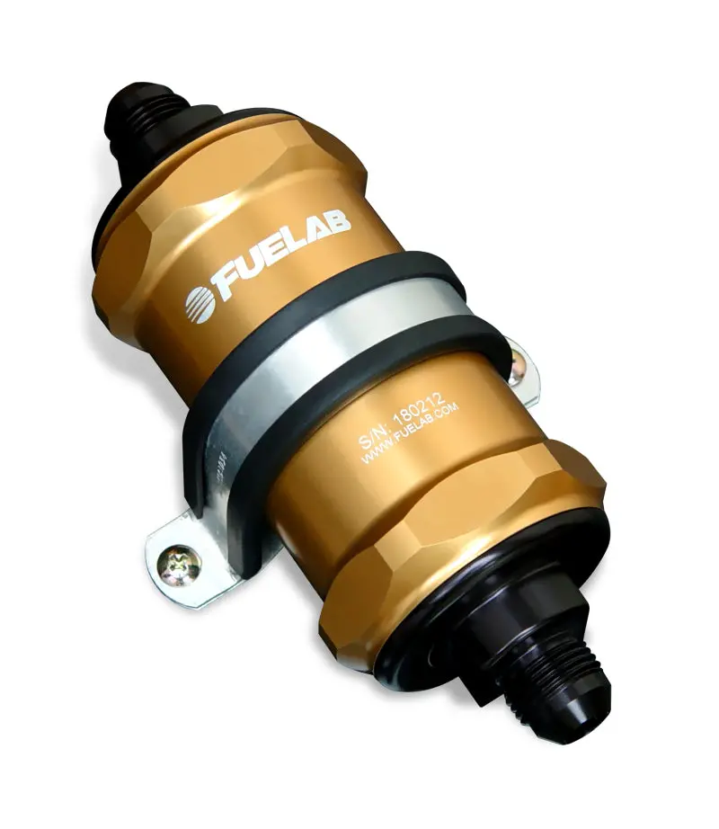Fuelab 848 Inline Fuel Filter – -6 An Inlet / -8 An Outlet, 10-Micron Fabric Element With Integrated Check Valve, Gold Housing 1