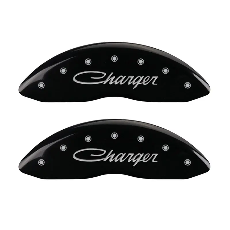 Mgp Engraved 4-Piston Caliper Covers – Front & Rear, Cursive/Charger Design, Black Base With Silver Accents 1
