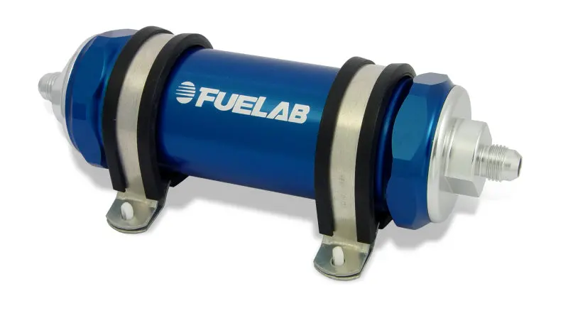 Fuelab 858 Inline Fuel Filter – -12An Inlet / -8An Outlet, 100-Micron Stainless Steel With Check Valve, Blue 1