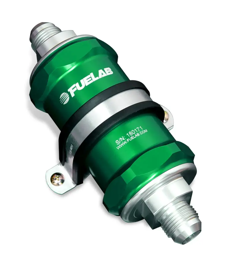 Fuelab 848 Inline Fuel Filter – -8An In/Out, 10-Micron Fabric Element With Check Valve (Green) 1