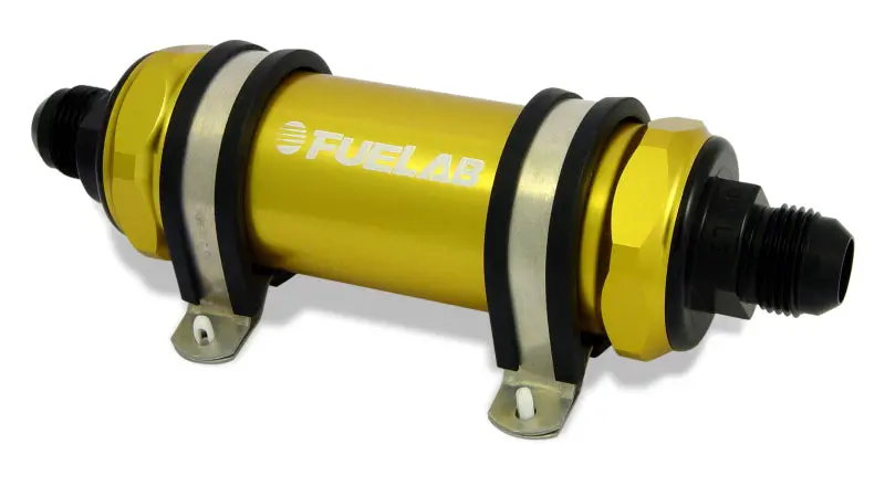 Fuelab 828 Long Inline Fuel Filter – -10An Inlet, -6An Outlet, 40-Micron Stainless Steel, Gold Finish 1